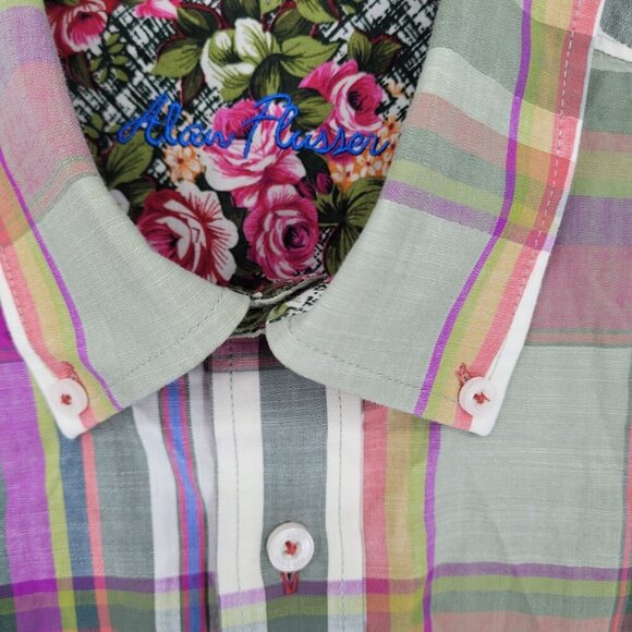 Alan Flusser mens medium green stripe floral contrast cuff button down shirt - Picture 7 of 10